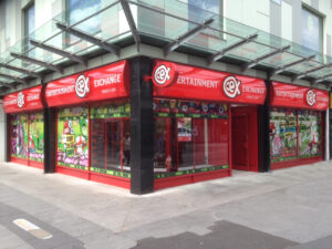 CEX Ellesmere Port external curved acrylic front sign with led illumination. Window vinyl graphics