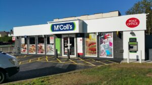 McColl's external 3mm aluminium powder coated tray with vinyl applied and LED trough light at TUN
